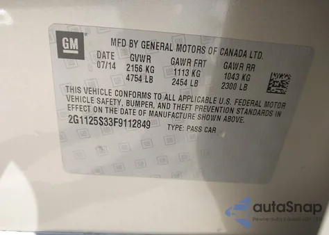 2015 Chevrolet Impala 2Lt from USA, damaged, VIN 2G1125S33F9112849